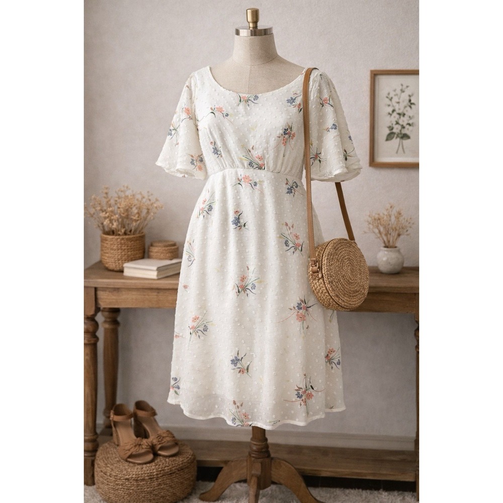 Violet‎ Women's Floral Swiss Dot Dress Ivory Multicolor Short Sleeve Size L